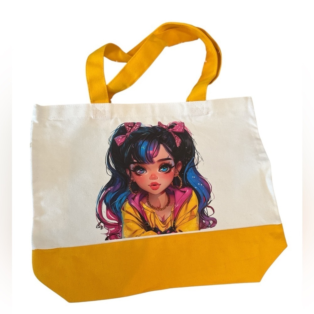 Large Canvas Tote Bag with Stylish Anime Girl Art | Hand Pressed | 17”x14”